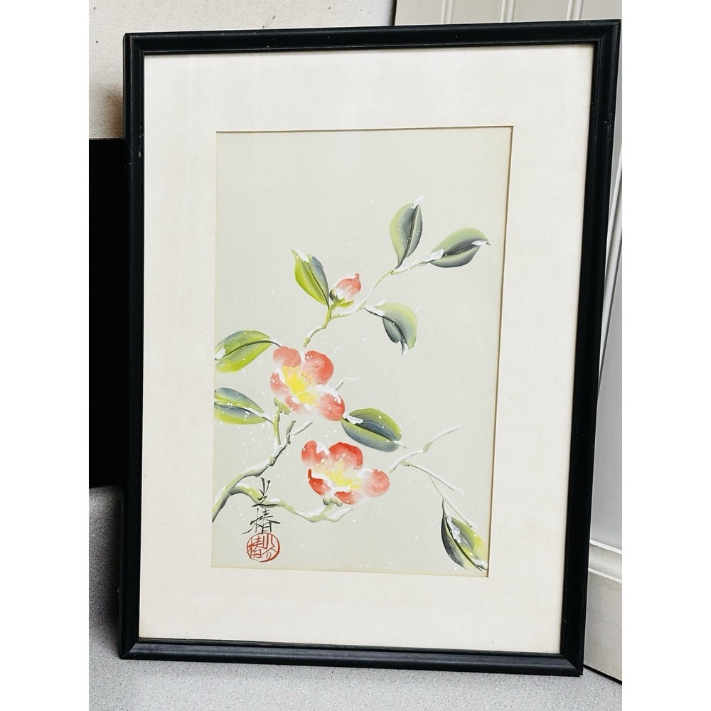 Vintage Japanese Watercolor Painting Camellia Flowers Framed Signed 17" X 13"